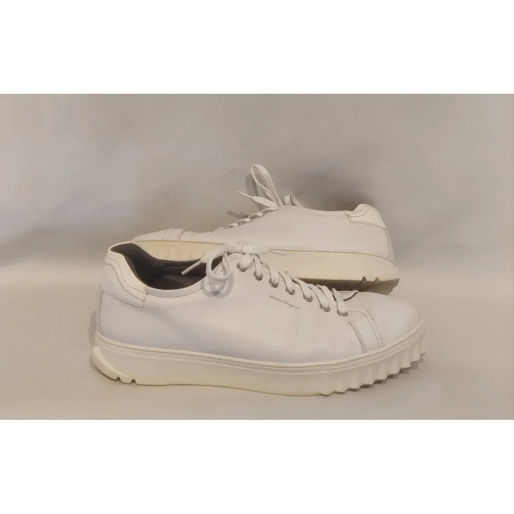 Salvatore Ferragamo Mens White Leather Low-Top Cube Sneakers Size 9.5 Made Italy